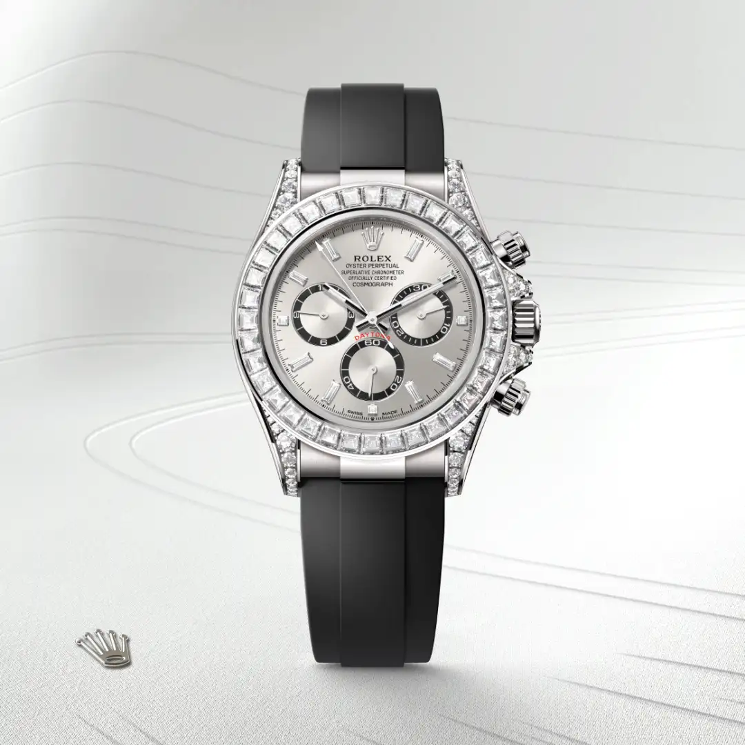 Rolex Cosmograph Daytona in 18 Karat Weißgold, Hornbügel mit Diamanten, M126539TBR-0002 – Atelier Stoess