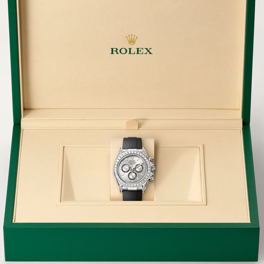Rolex Cosmograph Daytona in 18 Karat Weißgold, Hornbügel mit Diamanten, M126539TBR-0002 – Atelier Stoess