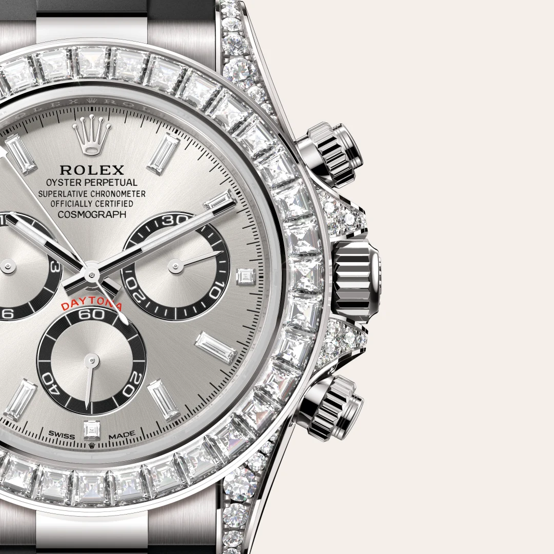 Rolex Cosmograph Daytona in 18 Karat Weißgold, Hornbügel mit Diamanten, M126539TBR-0002 – Atelier Stoess